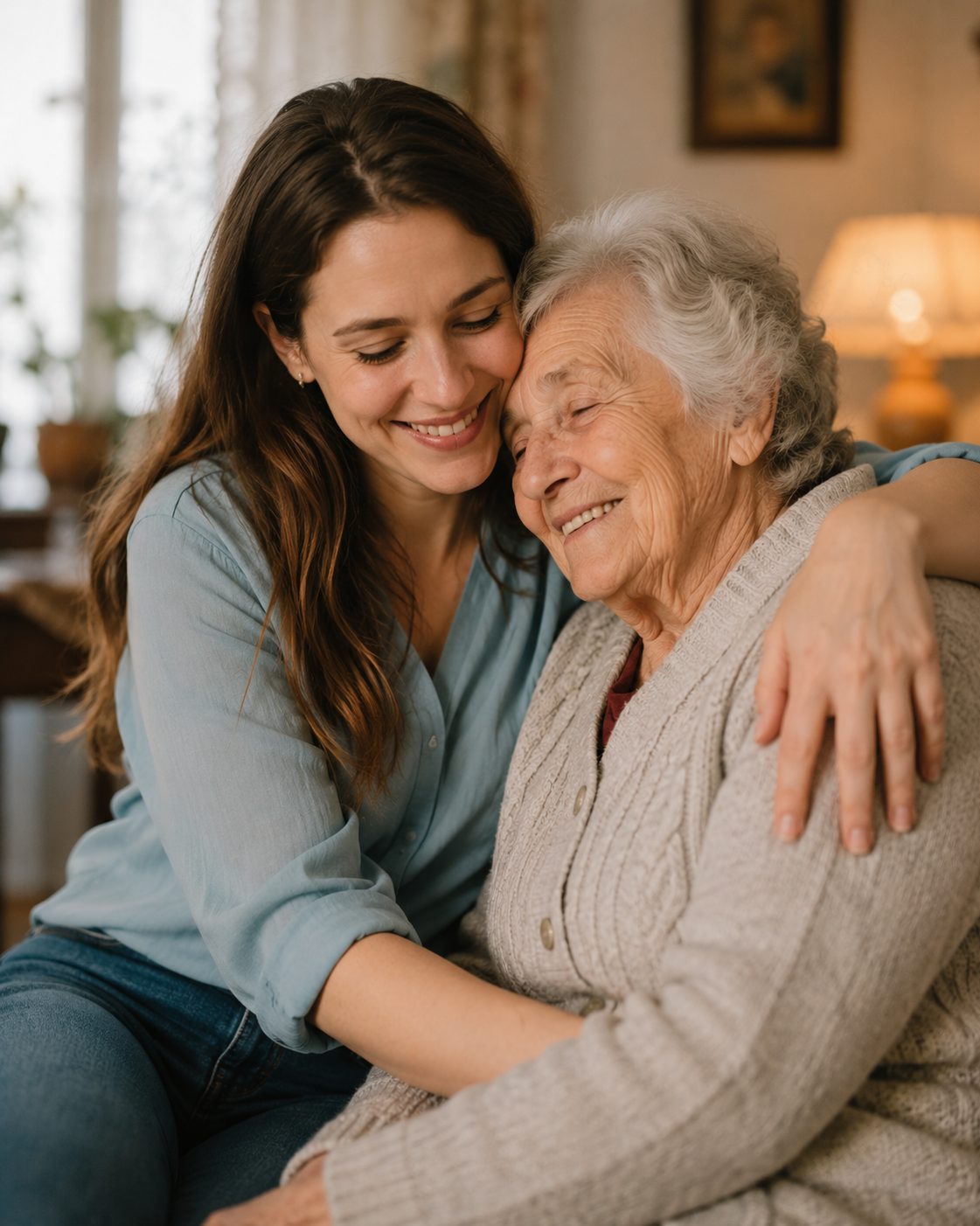 An adult daughter and her mother laughing together at home